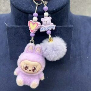Labubu Purple Plush Bunny Keychain Bag Charm Pom Pom Backpack Clip